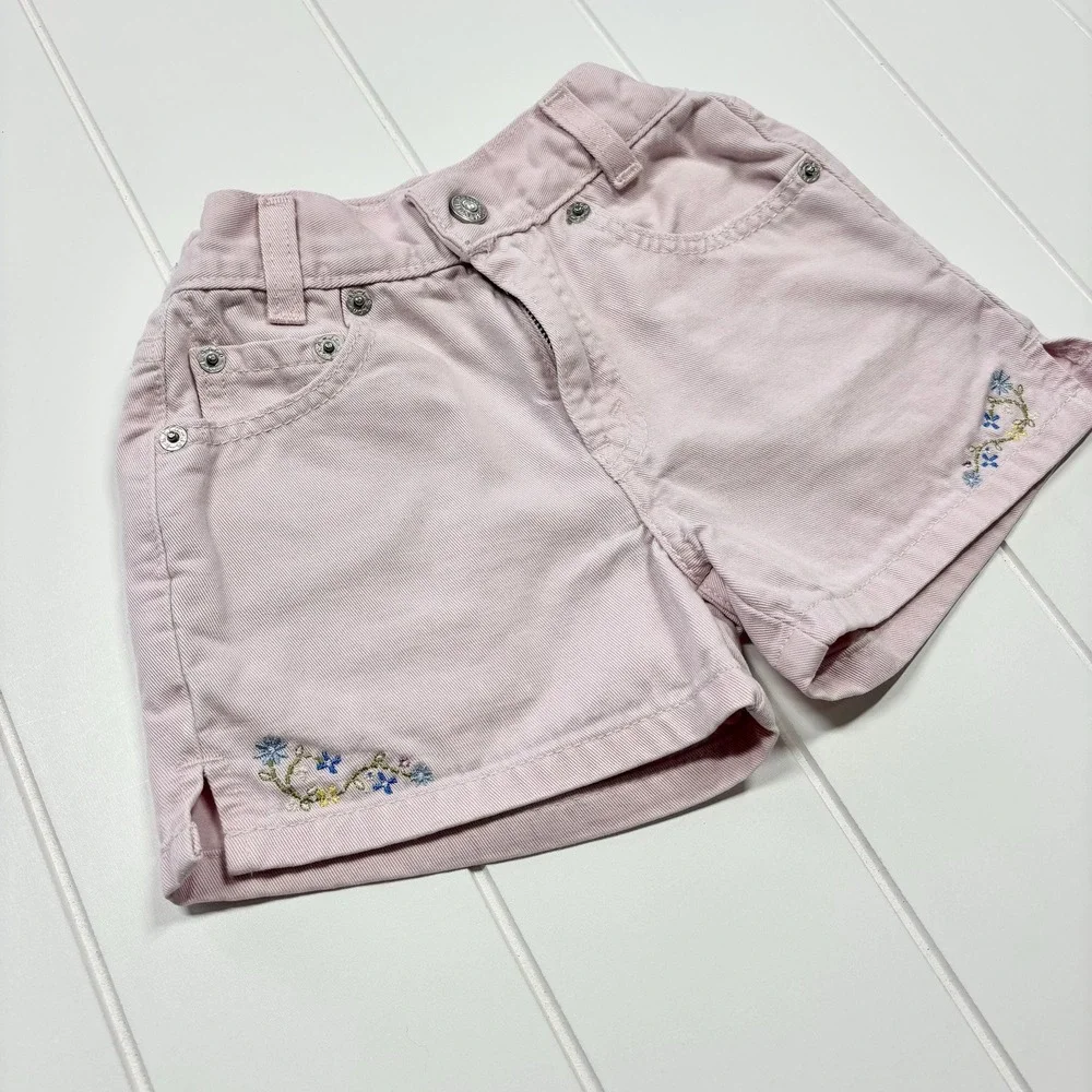 Vintage Little Levi's High‎ Waist Paper Bag Pink Embroidered Shorts, Size 4T